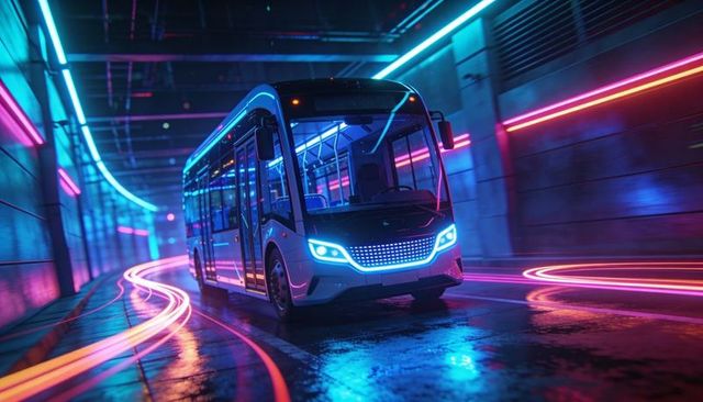 Gliding electric city bus navigating neon tunnel with glowing led grille and glossy lighting