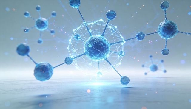 Hovering glowing molecular network showcasing wireframe sphere and neon cyan nanostructure