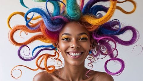 A woman expressing vibrancy through crazy multicolored curls styled in a creative fashion. This visual is ideal for beauty industry advertising, modern hairstyle inspiration, or self-expression concept promotions. The dynamic combination of color and style enhances articles or social media posts about fashion trends, makeup ideas, or confidence-boosting products.