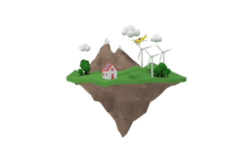 transparent floating island with mountain, house and wind turbines - Download Free Stock Videos Pikwizard.com