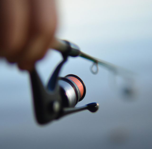 Image of close up of hand holding fishing rod with depth of field. Fishing, hobby and leisure concept.