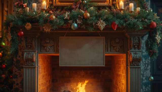 Cozy fireplace mantel with festive garland and lit candles