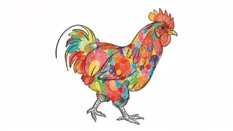 Vibrant multicolored cartoon chicken illustration against white background