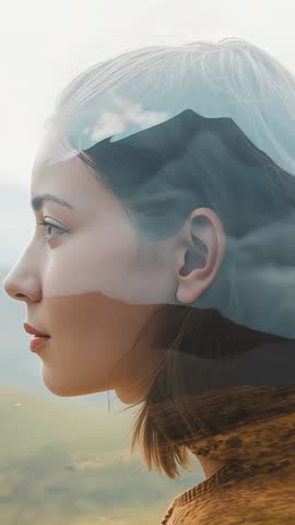 Asian female profile merging with mountain silhouette double exposure vertical video