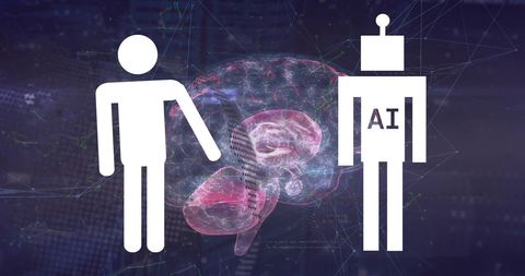 Human and Robot Symbolizing AI Collaboration with Digital Brain