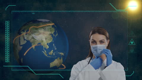 Doctor with Digital Interface and Globe Animation in Medical Setting