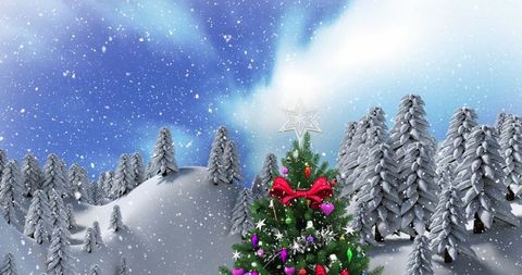 Colorful christmas tree in snowy winter landscape with starry night sky