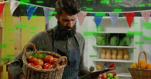 Modern Farmer Analyzing Goods on Digital Farm