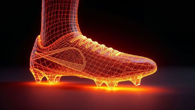 Neon wireframe soccer cleat 3d render with futuristic glowing mesh and studs