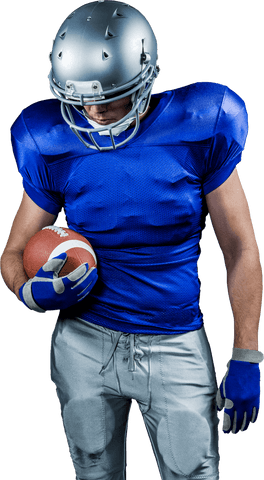 Transparent focused football player holding ball in blue gear