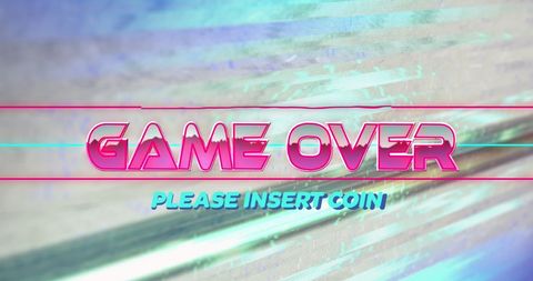 Retro game over screen with insert coin message