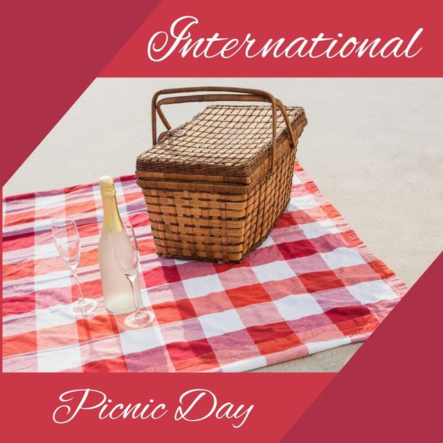 Perfect for International Picnic Day promotions, this image features a wicker picnic basket and a champagne bottle with glasses on a red and white checked blanket. Ideal for lifestyle blogs, social media posts, holiday greetings, and marketing campaigns.