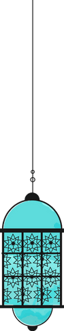 Transparent lantern design hanging on chain with teal star pattern