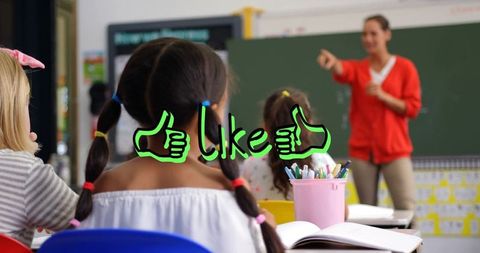 Schoolgirl with braided pigtails writing in classroom while teacher gesturing, colorful supplies