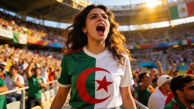 Passionate algerian football fan shouting in sunlit stadium wearing green-white jersey
