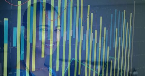 Businesswoman Analyzing Financial Data with Bar and Line Graphs Overlay