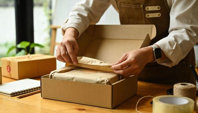 Small Business Owner Packing Eco-Friendly Gift Box on Wooden Table with Shipping Supplies