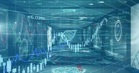 Futuristic Holographic Graphs and Candlesticks in Digital Grid Room - Download Free Stock Images Pikwizard.com