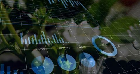 Augmented agriculture analytics hud with transparent charts, pie graphs and grid overlay