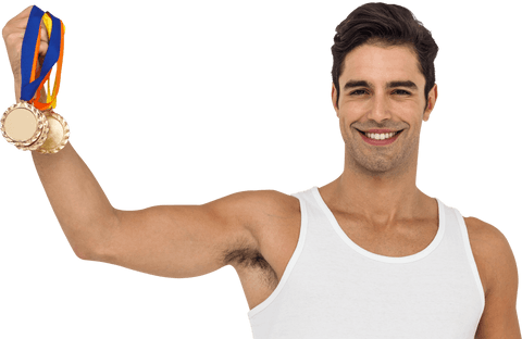 Transparent Celebration Smiling Athlete Holding Gold Medals