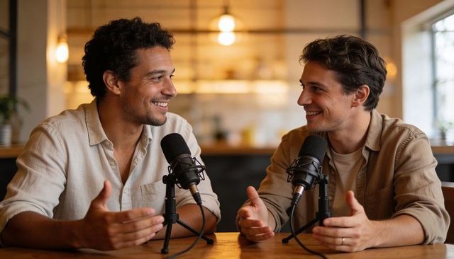 Two podcast hosts conversing and recording with studio microphones in warm cafe ambience