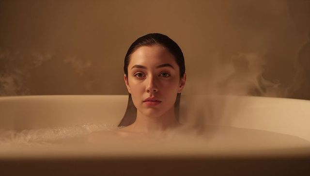 Solitary woman soaking in milky bathtub under warm amber light, serene steam portrait