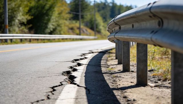 Guardrail curving along cracked asphalt shoulder on rural two-lane road