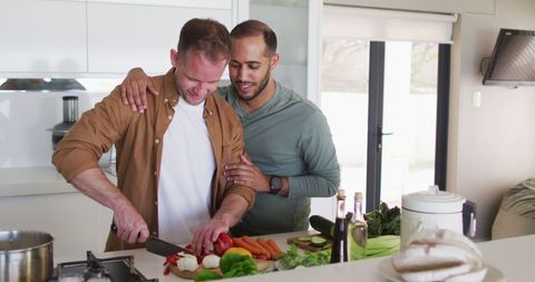 Joyful Same-Sex Couple Cooking Healthy Meal in Kitchen