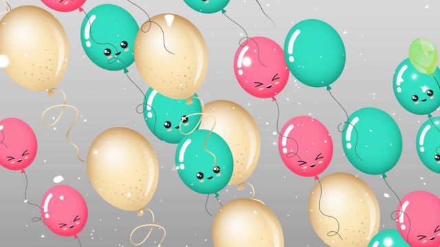 This animated scene features colorful balloons with adorable faces floating amidst falling snowflakes on a grey background. Ideal for use in festive or celebratory marketing materials, party invitations, children's events, holiday greetings, Christmas and New Year decorations, or any joyous occasion requiring a fun and lively visual. This animation brings a cheery and vibrant atmosphere, perfect for uplifting and playful contexts.