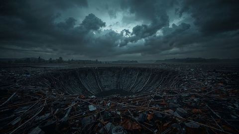 Massive crater surrounded by barren airstrikes landscape under moody sky