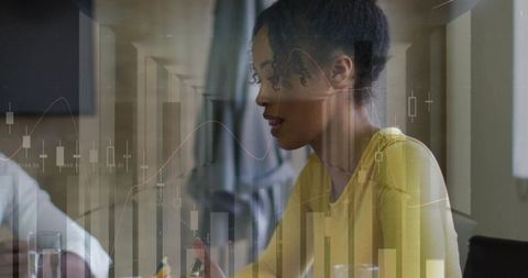 Mid-adult woman presenting financial charts and candlestick overlays in modern boardroom