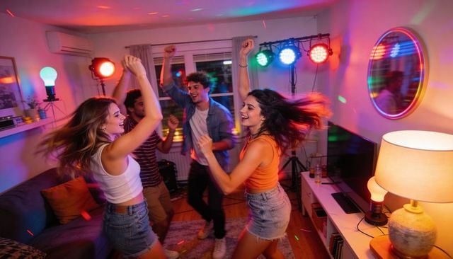 Friends dancing at lively apartment party with colorful stage lights and energetic movement