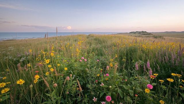 Coastal meadow blooming with wildflowers at pastel dawn, ocean horizon