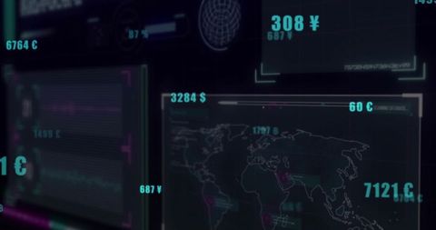 Futuristic holographic financial dashboard with world map and live currency readouts