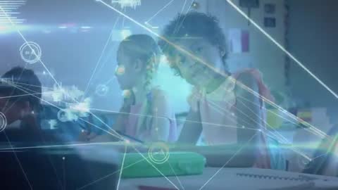 Students Engaging in Classroom with Digital Network Overlay