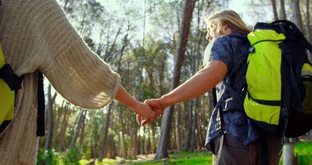 Couple holding hands while running in the forest. Couple camping in the forest 4k