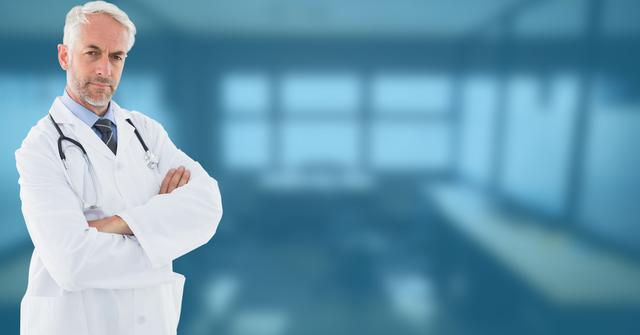 This image depicts a confident male doctor standing in a hospital setting, wearing a white coat and stethoscope. Ideal for use in healthcare-related articles, medical websites, hospital brochures, and educational materials about medical professions.