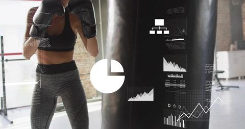 Female boxer training with punching bag and performance analytics overlay
