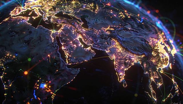Neon earth at night showing global city lights and digital network connections