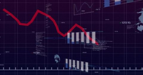 Declining Red Market Trend Line Over Digital Dashboard Showing Bar Charts and Global Data