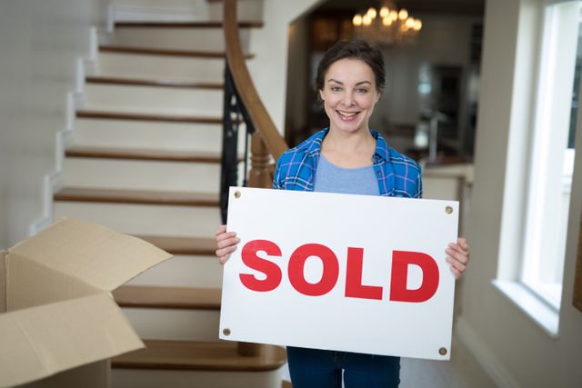 Woman standing in the living room holding sold sign at home
