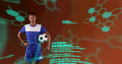 Female Athlete Holding Soccer Ball with Digital Chemical Structures