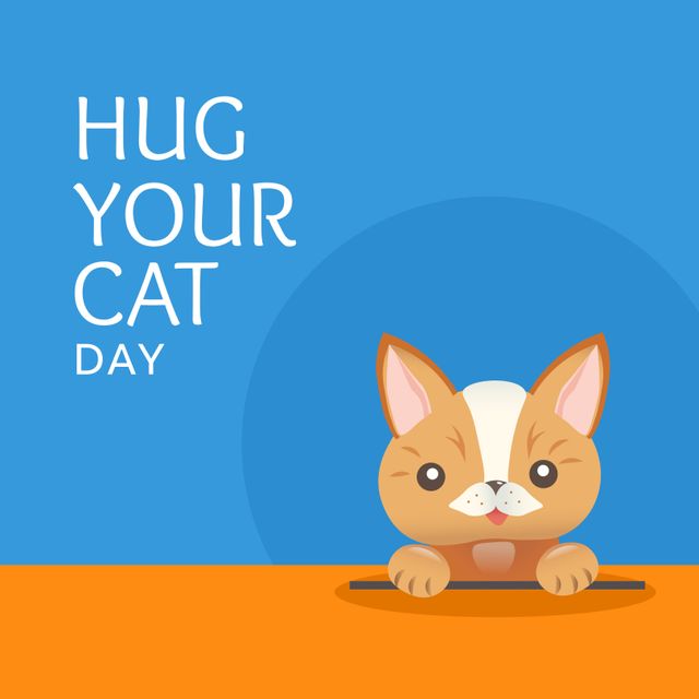 This illustration features a cute cartoon cat with the words 'Hug Your Cat Day' on a blue background. Perfect for celebrating the special day dedicated to showing affection to cats, this illustration can be used for greeting cards, social media posts, or flyers promoting pet events or cat adoption. Ideal for pet lovers and cat owners who want to spread joy and celebrate their love for their feline friends.