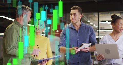 Analyzing Holographic Financial Charts on Tablets by Team in Modern Open Office