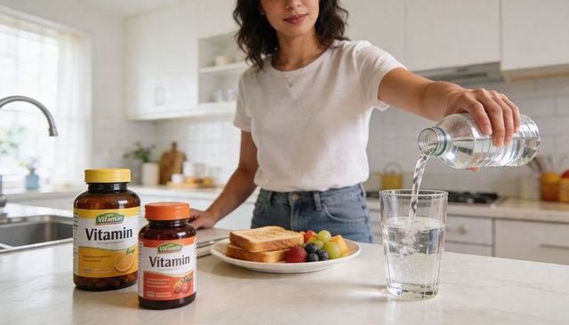 Morning hydration and vitamins with fresh fruit and toast on sunlit modern kitchen counter