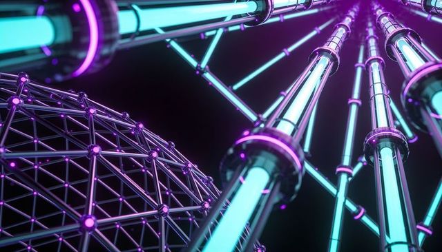 Neon cyan purple futuristic tubes with geodesic chrome lattice, cyberpunk abstract