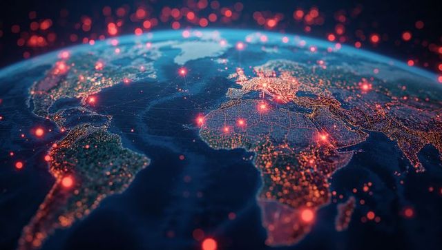 Earth from Space with Glowing Cities and Network Connections