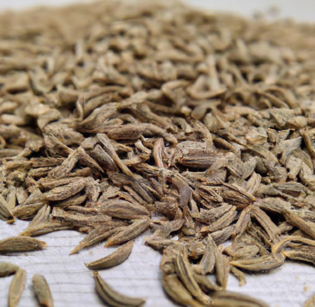 This detailed close-up view of dried caraway seeds shows their unique and intricate texture. Ideal for use in culinary websites, food blogs, or spice product packaging. Perfect for articles discussing the uses and benefits of caraway seeds in cooking and their role in traditional recipes.