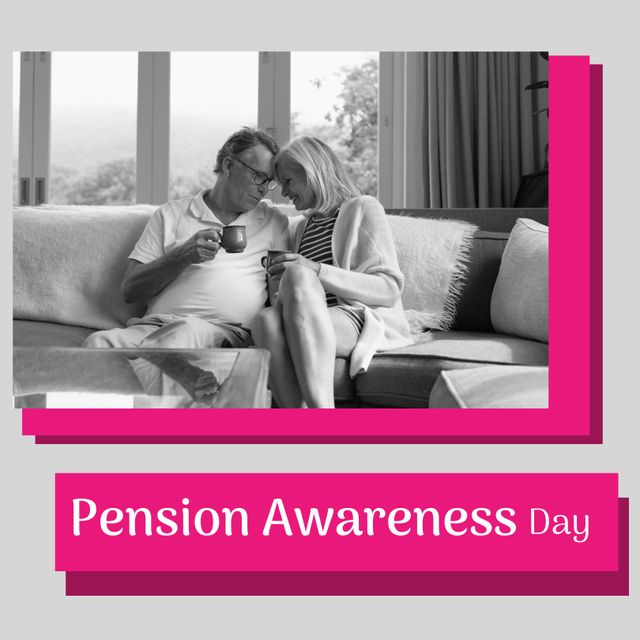 Senior couple spending quality time at home, sipping coffee on sofa, relevant for campaigns promoting retirement planning, pension awareness. Ideal for social media posts, informational materials, and advertisements focused on senior living, relationships, and financial security.