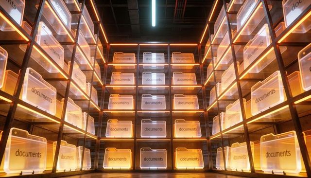 Futuristic glowing document archive shelving illuminating secure data storage and backup